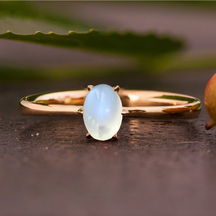 6 Prong 1.25 Carat Oval Cabochon Cut Blue Moonstone Solitaire Engagement Ring in Yellow Gold
