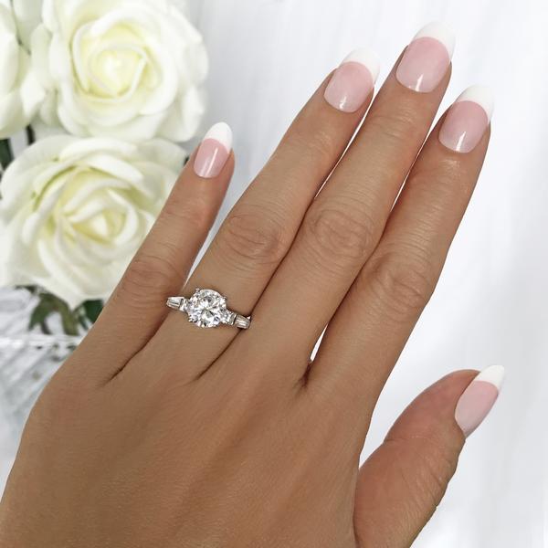 Final Sale: 2 Carat Round Cut Baguette Solitaire Engagement Ring in White Gold over Sterling Silver