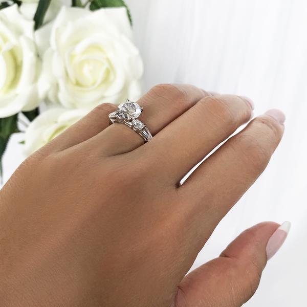 Final Sale: 2 Carat Round Cut Baguette Solitaire Engagement Ring in White Gold over Sterling Silver