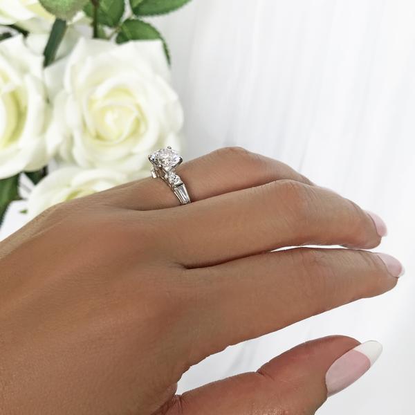 Final Sale: 2 Carat Round Cut Baguette Solitaire Engagement Ring in White Gold over Sterling Silver