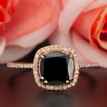 1.25 Carat Cushion Cut Halo Black Diamond and Diamond Engagement Ring in Rose Gold Designer Ring