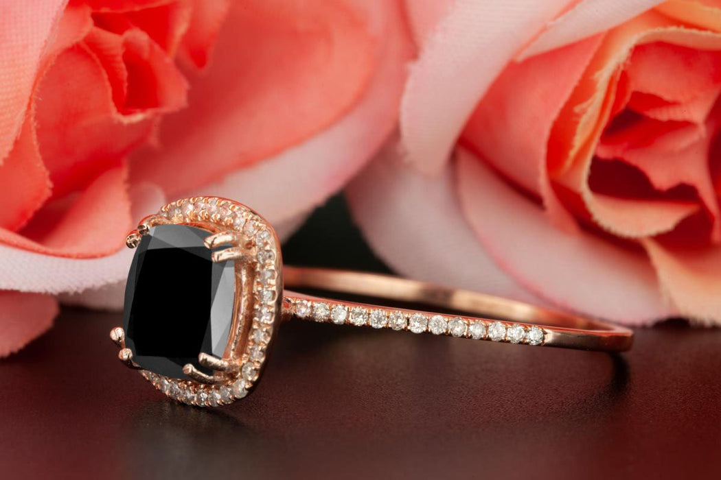 1.25 Carat Cushion Cut Halo Black Diamond and Diamond Engagement Ring in Rose Gold Designer Ring
