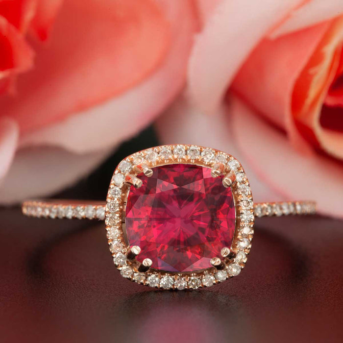 1.25 Carat Cushion Cut Halo Ruby and Diamond Engagement Ring in 9k Rose Gold Designer Ring