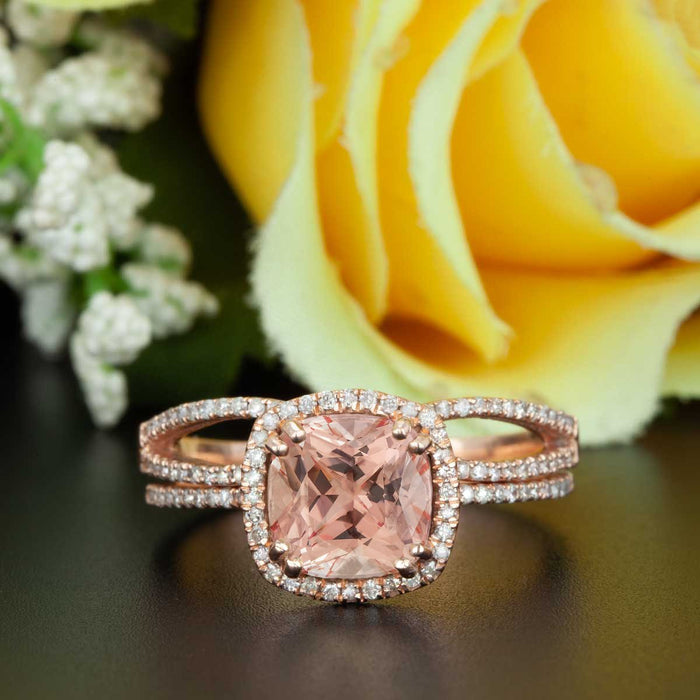 Stunning 2 Carat Cushion Cut Peach Morganite and Diamond with Matching Band in 9k Rose Gold