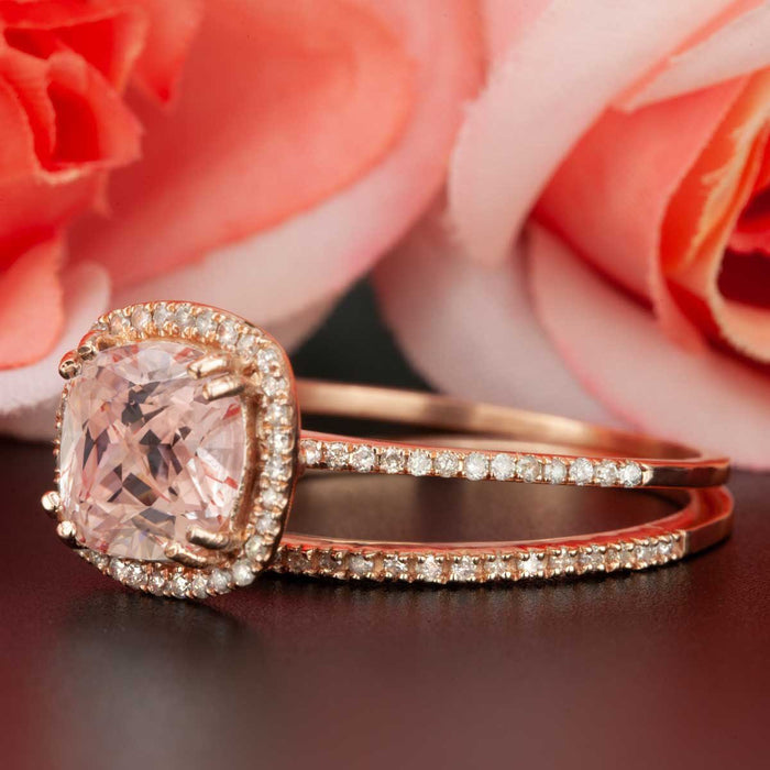1.50 Carat Cushion Cut Peach Morganite and Diamond Bridal Ring Set in Rose Gold