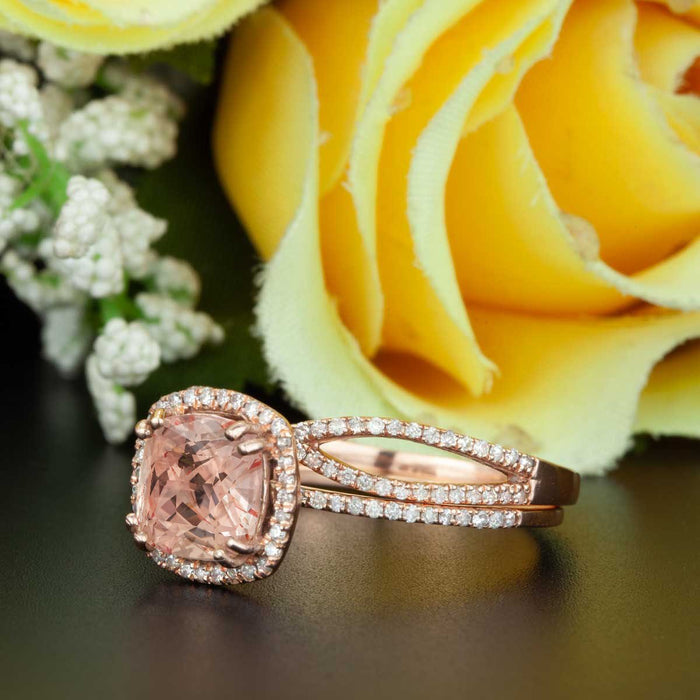 Stunning 2 Carat Cushion Cut Peach Morganite and Diamond with Matching Band in 9k Rose Gold