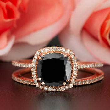 1.5 Carat Cushion Cut Halo Black Diamond and Diamond Wedding Ring Set in 9k Rose Gold Designer Ring