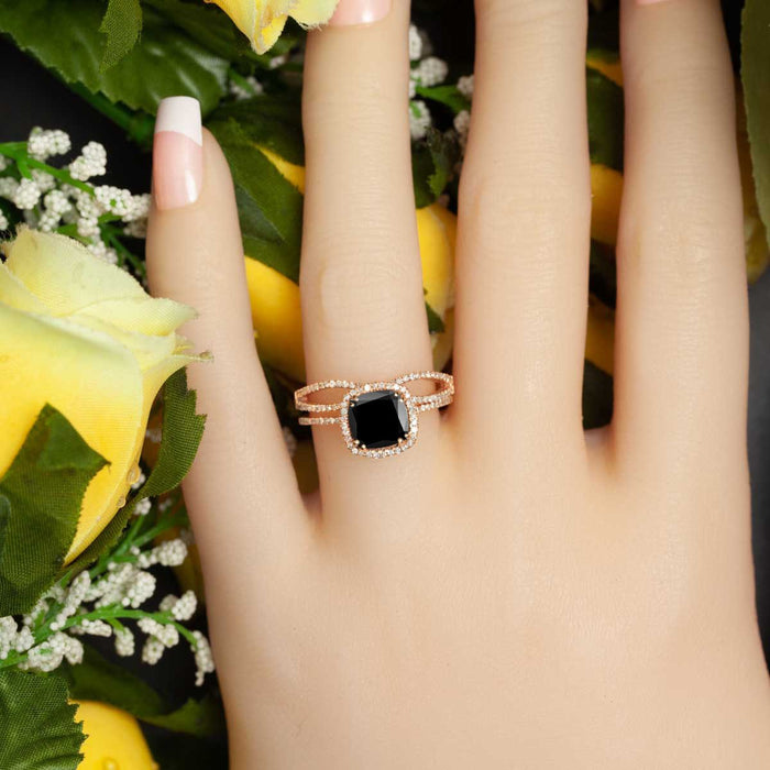 2 Carat Cushion Cut Halo Black Diamond and Diamond Wedding Ring Set in Rose Gold Designer Ring