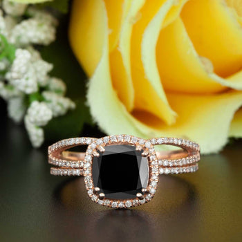 2 Carat Cushion Cut Halo Black Diamond and Diamond Wedding Ring Set in Rose Gold Designer Ring
