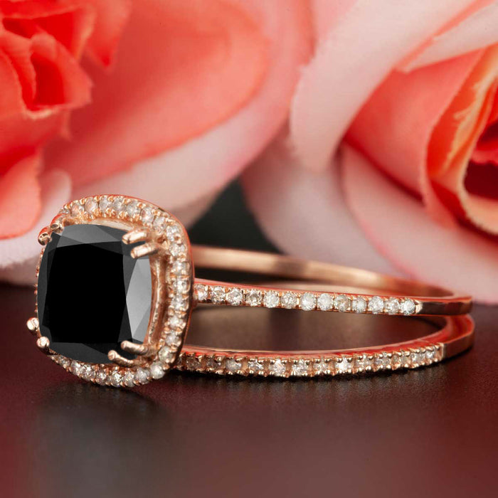 1.5 Carat Cushion Cut Halo Black Diamond and Diamond Wedding Ring Set in 9k Rose Gold Designer Ring