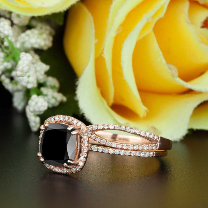 2 Carat Cushion Cut Halo Black Diamond and Diamond Wedding Ring Set in Rose Gold Designer Ring