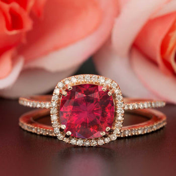 1.5 Carat Cushion Cut Halo Ruby and Diamond Wedding Ring Set in 9k Rose Gold Designer Ring