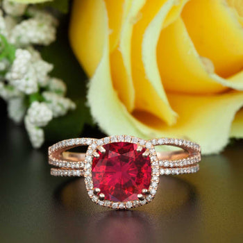 2 Carat Cushion Cut Halo Ruby and Diamond Wedding Ring Set in 9k Rose Gold Designer Ring