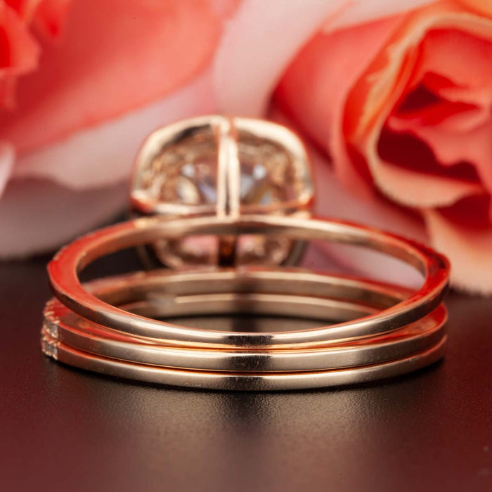 2 Carat Cushion Cut Halo Ruby and Diamond Trio Wedding Ring Set in 9k Rose Gold Designer Ring