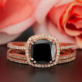 2 Carat Cushion Cut Halo Black Diamond and Diamond Trio Wedding Ring Set in Rose Gold Designer Ring
