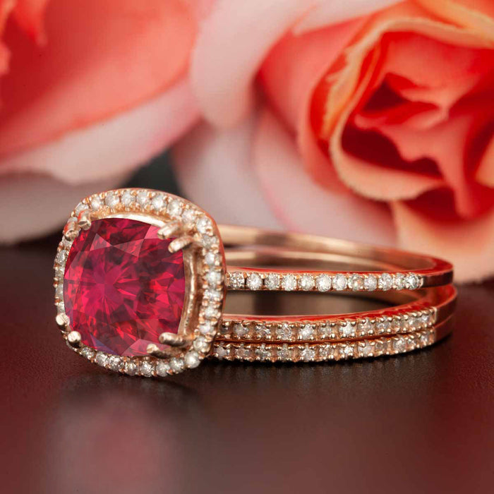 2 Carat Cushion Cut Halo Ruby and Diamond Trio Wedding Ring Set in 9k Rose Gold Designer Ring