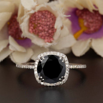 1.25 Carat Cushion Cut Halo Black Diamond and Diamond Engagement Ring in White Gold Designer Ring