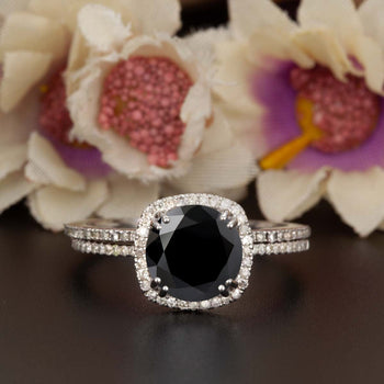 1.5 Carat Cushion Cut Halo Black Diamond and Diamond Wedding Ring Set in 9k White Gold Designer Ring