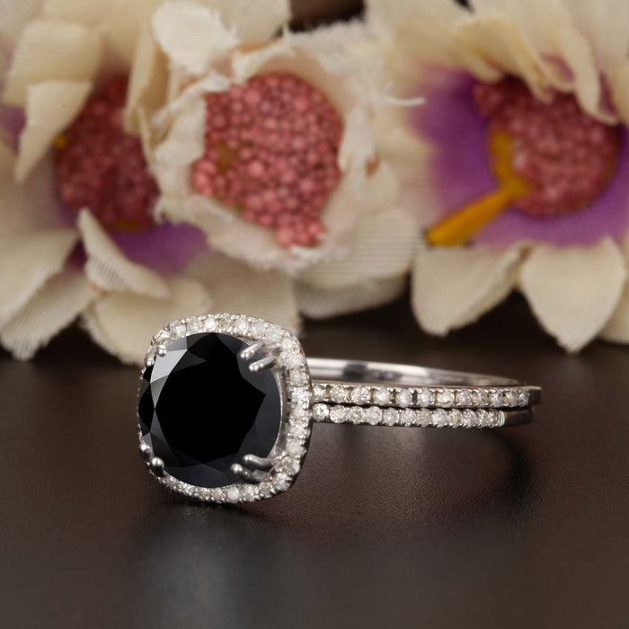 1.50 Carat Cushion Cut Halo Black Diamond and Diamond Wedding Ring Set in White Gold Designer Ring