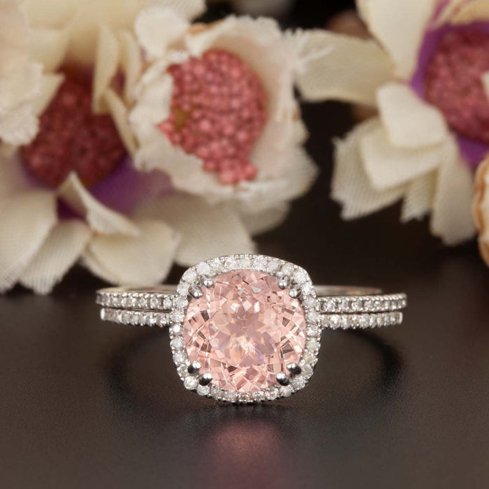 1.5 Carat Cushion Cut Peach Morganite and Diamond with Matching Wedding Band in 9k White Gold