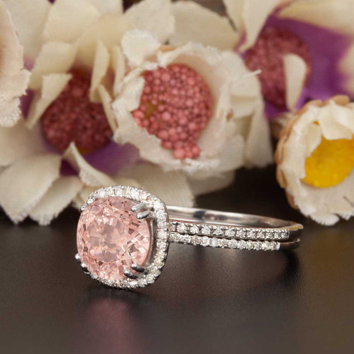 1.5 Carat Cushion Cut Peach Morganite and Diamond with Matching Wedding Band in 9k White Gold