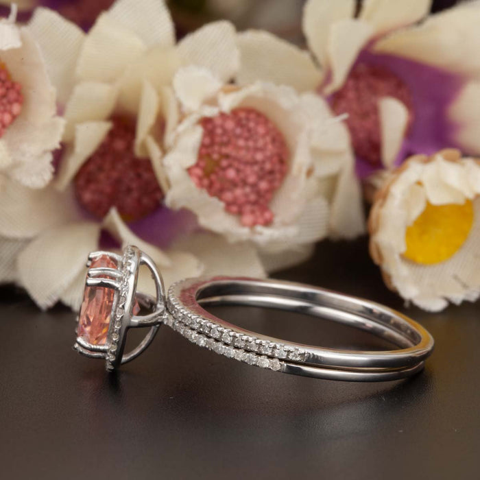 1.50 Carat Cushion Cut Peach Morganite and Diamond Bridal Ring Set in White Gold