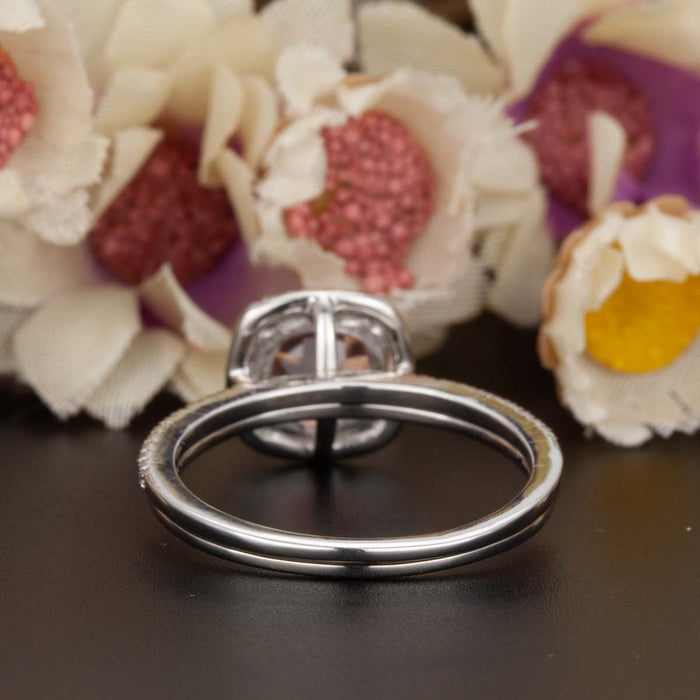 1.50 Carat Cushion Cut Peach Morganite and Diamond Bridal Ring Set in White Gold