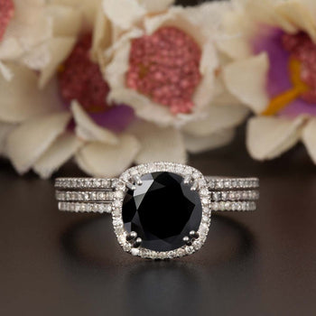 2 Carat Cushion Cut Halo Black Diamond and Diamond Trio Wedding Ring Set in White Gold Designer Ring