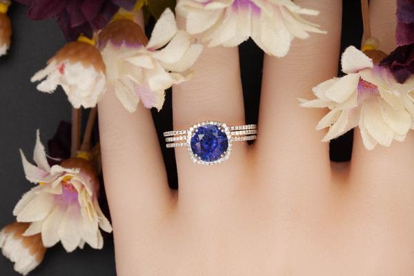 2 Carat Cushion Cut Halo Sapphire and Diamond Trio Wedding Ring Set in White Gold Designer Ring