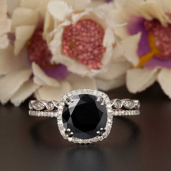 1.5 Carat Cushion Cut Halo Black Diamond and Diamond Ring with Classic Wedding Band in 9k White Gold