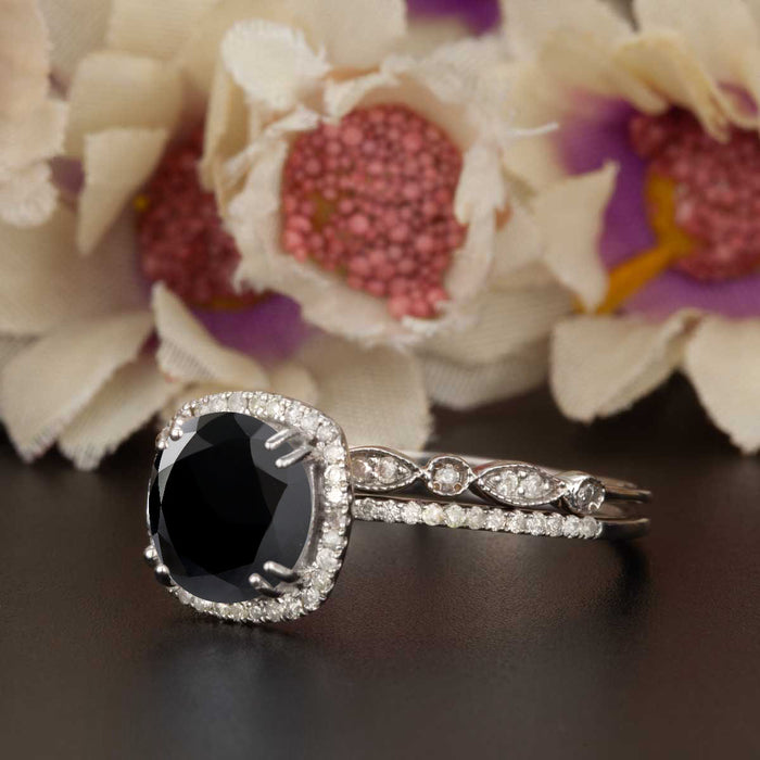 1.5 Carat Cushion Cut Halo Black Diamond and Diamond Ring with Classic Wedding Band in 9k White Gold