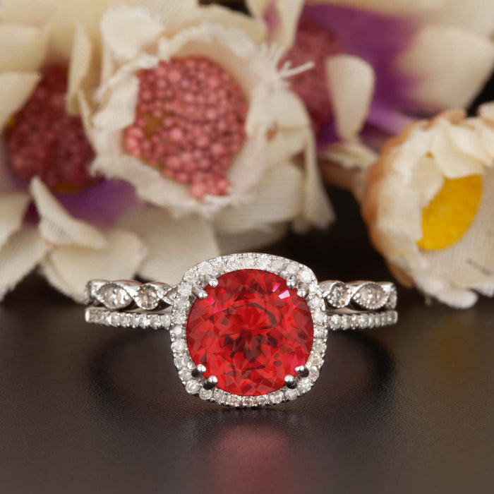 1.5 Carat Cushion Cut Halo Ruby and Diamond Ring with Classic Wedding Band in 9k White Gold