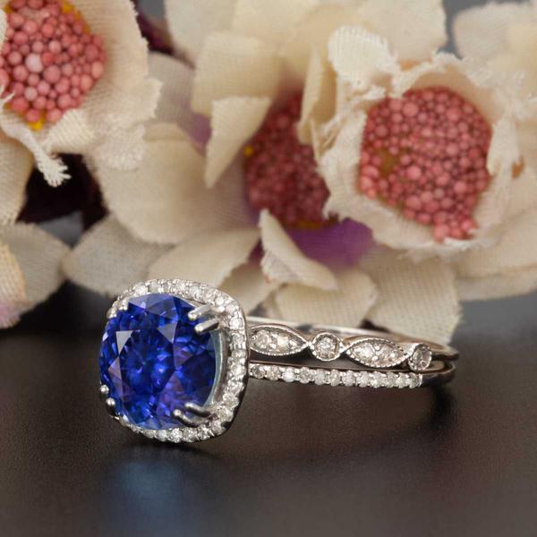 1.50 Carat Cushion Cut Halo Sapphire and Diamond Bridal Ring Set in White Gold