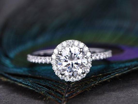 1.50 Carat Round Cut Moissanite and Diamond Halo Wedding Ring in White Gold