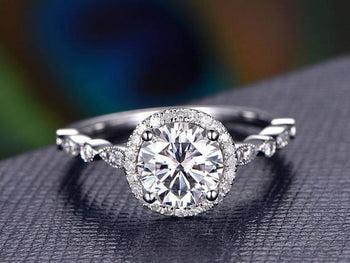 Art Deco 1.50 Carat Round Cut Moissanite and Diamond Halo Wedding Ring in White Gold