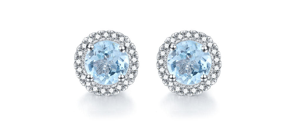 2.50 Carat Round Cut Aquamarine and Diamond Halo Stud Earrings in White Gold