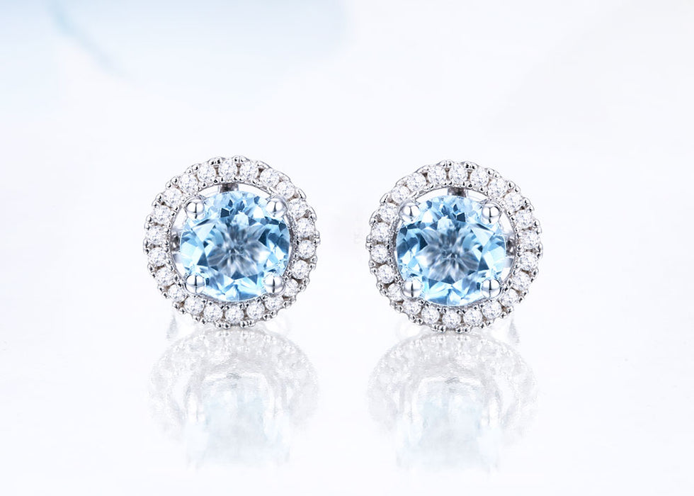 2.50 Carat Round Cut Aquamarine and Diamond Halo Stud Earrings in White Gold