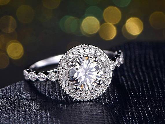 2 Carat Round Cut Moissanite and Diamond Halo Wedding Ring in White Gold