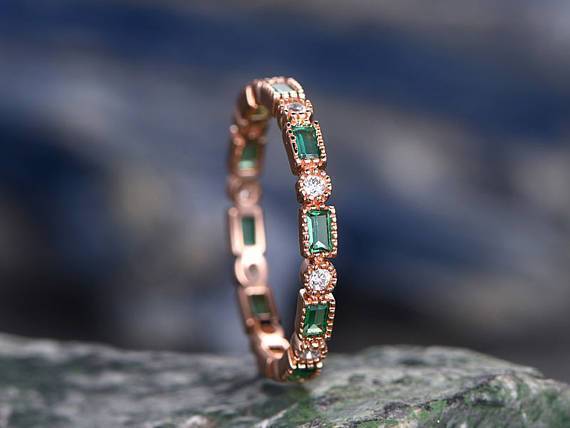 Unique .50 Carat emerald and diamond antique wedding ring band for her in Rose Gold