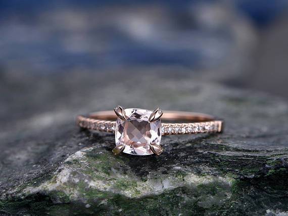 Delicate 1.25 Carat Cushion Cut Morganite and Diamond Engagement Ring in Rose Gold