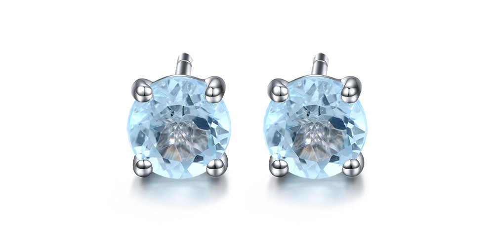 2 Carat Round Cut Aquamarine 4 Prong Stud Earrings in White Gold