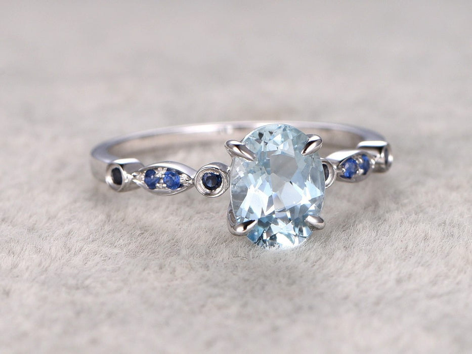 1.25 Carat Oval Cut Aquamarine and Sapphire Engagement Ring in White Gold
