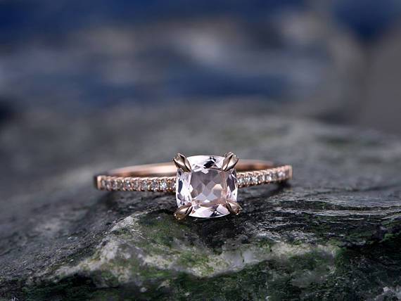 Delicate 1.25 Carat Cushion Cut Morganite and Diamond Engagement Ring in Rose Gold