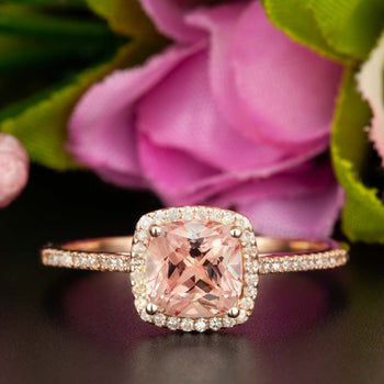 Beautiful 1.25 Cushion Cut Peach Morganite and Diamond Engagement Ring in Rose Gold