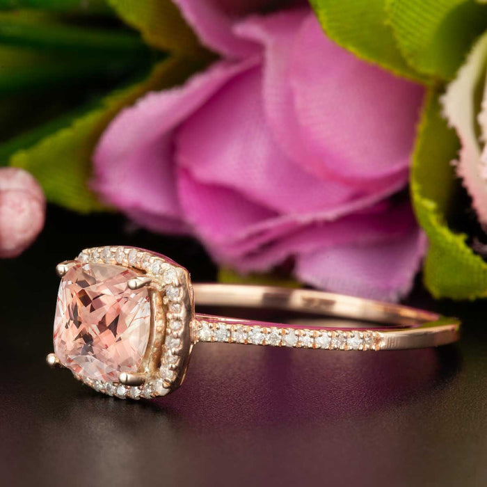Beautiful 1.25 Cushion Cut Peach Morganite and Diamond Engagement Ring in Rose Gold