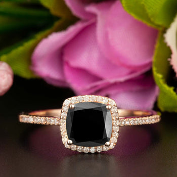 1.25 Carat Cushion Cut Halo Black Diamond and Diamond Engagement Ring in Rose Gold for Women