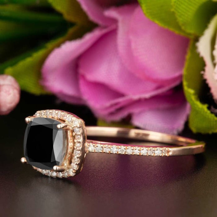 1.25 Carat Cushion Cut Halo Black Diamond and Diamond Engagement Ring in Rose Gold for Women