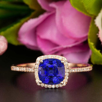 1.25 Carat Cushion Cut Halo Sapphire and Diamond Engagement Ring in Rose Gold for Women