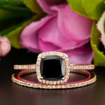 1.50 Carat Cushion Cut Halo Black Diamond and Diamond Bridal Ring Set in Rose Gold for Women