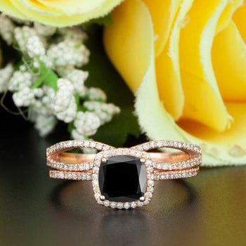 2 Carat Cushion Cut Halo Black Diamond and Diamond Bridal Ring Set in Rose Gold for Women